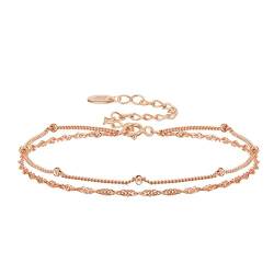 AMDXD Armreif 925 Silber Damen, Silber 925er Freundschafts Armband Armreif Doppel Kette mit Bead, Rose Gold Armbänder Ohne Nickel, 20CM von AMDXD