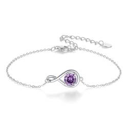 AMDXD Damen Armband 925 Silber, Sterlingsilber Armreifen Armschmuck Unendlichkeit mit Dunkel Lila Geburtsstein Februar, Silber Armband Frauen Charms mit Zirkonia Dunkelviolett, 21.5CM von AMDXD