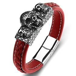 AMDXD Geschenk Für Männer Gay Armband, PU Leder Wickelarmband Schädel Armbänder Kinder Rot Armschmuck Edelstahl mit Magnet Verschluss, Länge 18.5cm von AMDXD