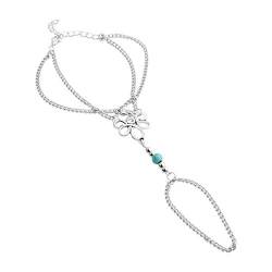 AMDXD Ring Armband Damen Perle Blau Hohl Blume Versilbert Armband Ring Handkette von AMDXD