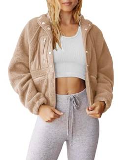 AMEBELLE Damen Cropped Fuzzy Fleecejacke Leichte Gefütterte Winter Casual Warm Sherpa Jacke Mantel Oberbekleidung mit Taschen, Khaki, L von AMEBELLE