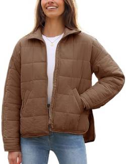 AMEBELLE Damen Steppjacke Übergroße Puffer Jacke Leicht Reißverschluss Winter Warm Mantel Oberbekleidung mit Taschen, Braun, M von AMEBELLE