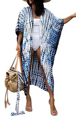 AMEOOR Damen Cardigan Leichte Strickjacke Sommer Badeanzug Coverup Kimono vorne offen leichtes Strand Cover Up B-Blau Weiß von AMEOOR