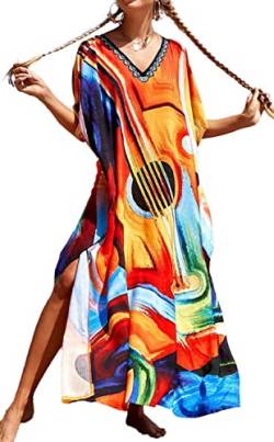 AMEOOR Damen Kaftan Strandkleid Pareo Maxi Langes Kleid Tunika Ethnischer Maxikleid Bikini Coverups Freizeitkleid Nachthemd Umstandskleid A-Muster 1 von AMEOOR