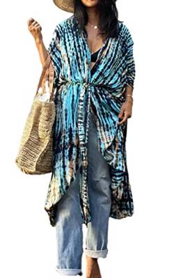 AMEOOR Damen Sommer Print Kimono Casual Cardigans Loose Cover ups Poncho Sommer Morgenmantel Lange Bluse B-Blau von AMEOOR