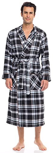 American Heaven Herren-Bademantel aus Flanell-Fleece mit Kapuze, weiche Baumwolle, Schalkragen, volle Länge, Plaid, Schwarz/Blau kariert, XXL-3XL Groß Tall von AMERICAN HEAVEN