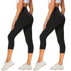 AMIYOYO 2er Pack Leggings Damen 3/4 High Waist Capri Leggins Blickdicht Kurze Sporthose Elastische Bauchweg Hosen für Yoga Fitness Outdoor&Freizeit(Schwarz*2,L-XL=DE42-48) von AMIYOYO