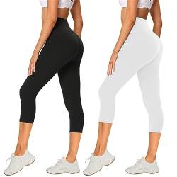 AMIYOYO 2er Pack Leggings Damen 3/4 High Waist Capri Leggins Blickdicht Kurze Sporthose Elastische Bauchweg Hosen für Yoga Fitness Outdoor&Freizeit(Schwarz+Weiß,S-M=DE34-40) von AMIYOYO