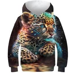 AMNOOL 3D-Sweatshirt für Jungen und Mädchen niedlicher kosmischer Baby-Leoparden-Druck Kapuzenpullover lässiger Pullover mit Kapuze langärmlig Herbst-Winter-Kleidung mit Tasche 11–13 Jahre von AMNOOL