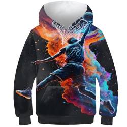 AMNOOL Basketball Sport Bunte Jungen Sweatshirt Hoodies Langarm 3D-Druck Pullover Lässige Pullover Pullover Sweatshirts Oberbekleidung mit Tasche 13-15 Jahre von AMNOOL