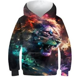 AMNOOL Lion Galaxy Jungen-Sweatshirt Kapuzenpullover langärmelig 3D-Druck Pullover lässiger Pullover Sweatshirts Oberbekleidung mit Tasche 9–11 Jahre von AMNOOL