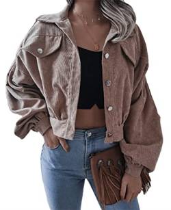 AMOMA Damen Freizeitl Kurz geschnittene Cordjacke Langen Ärmeln Knopf unten Crop Top Kurzer Mantel(S,Khaki) von AMOMA