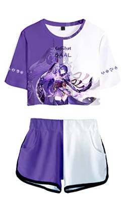 AMOMA Damen Mädchen Cosplay Spiel Genshin Impact Crop Top T-Shirt und Shorts Trainingsanzug Zweiteilige Sets Streetwear(L,Baal-Purple) von AMOMA