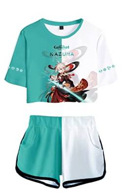 AMOMA Damen Mädchen Cosplay Spiel Genshin Impact Crop Top T-Shirt und Shorts Trainingsanzug Zweiteilige Sets Streetwear(L,Kazuha-Cyan) von AMOMA