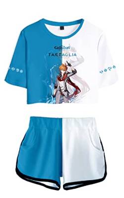 AMOMA Damen Mädchen Cosplay Spiel Genshin Impact Crop Top T-Shirt und Shorts Trainingsanzug Zweiteilige Sets Streetwear(L,Tartaglia-Blue) von AMOMA