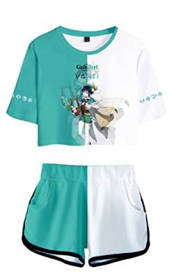 AMOMA Damen Mädchen Cosplay Spiel Genshin Impact Crop Top T-Shirt und Shorts Trainingsanzug Zweiteilige Sets Streetwear(L,Venti-Cyan) von AMOMA