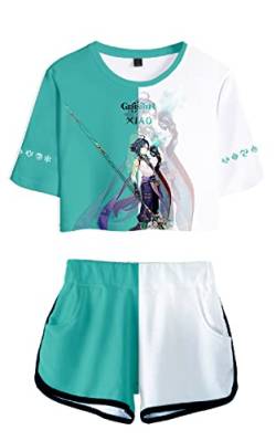 AMOMA Damen Mädchen Cosplay Spiel Genshin Impact Crop Top T-Shirt und Shorts Trainingsanzug Zweiteilige Sets Streetwear(L,Xiao-Cyan) von AMOMA