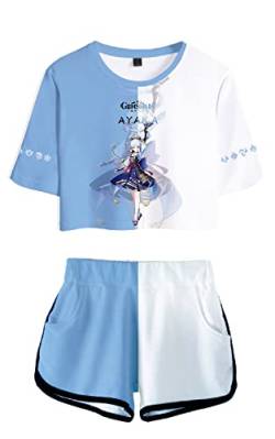 AMOMA Damen Mädchen Cosplay Spiel Genshin Impact Crop Top T-Shirt und Shorts Trainingsanzug Zweiteilige Sets Streetwear(M,Ayaka-Lightblue) von AMOMA
