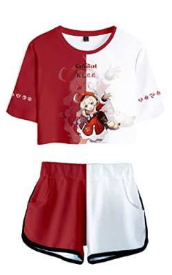 AMOMA Damen Mädchen Cosplay Spiel Genshin Impact Crop Top T-Shirt und Shorts Trainingsanzug Zweiteilige Sets Streetwear(M,Klee-Red) von AMOMA