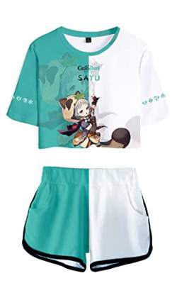 AMOMA Damen Mädchen Cosplay Spiel Genshin Impact Crop Top T-Shirt und Shorts Trainingsanzug Zweiteilige Sets Streetwear(M,Sayu-Cyan) von AMOMA