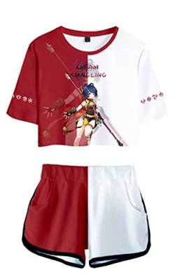 AMOMA Damen Mädchen Cosplay Spiel Genshin Impact Crop Top T-Shirt und Shorts Trainingsanzug Zweiteilige Sets Streetwear(M,Xiangling-Red) von AMOMA