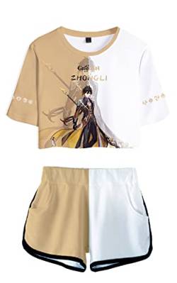 AMOMA Damen Mädchen Cosplay Spiel Genshin Impact Crop Top T-Shirt und Shorts Trainingsanzug Zweiteilige Sets Streetwear(M,Zhongli-Khaki) von AMOMA