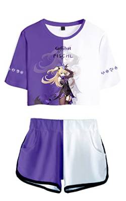 AMOMA Damen Mädchen Cosplay Spiel Genshin Impact Crop Top T-Shirt und Shorts Trainingsanzug Zweiteilige Sets Streetwear(S,Fischl-Purple) von AMOMA