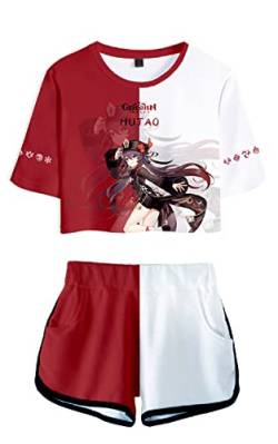AMOMA Damen Mädchen Cosplay Spiel Genshin Impact Crop Top T-Shirt und Shorts Trainingsanzug Zweiteilige Sets Streetwear(S,Hutao-Red) von AMOMA