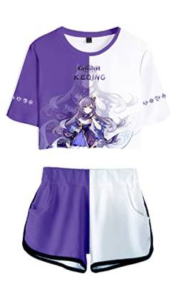 AMOMA Damen Mädchen Cosplay Spiel Genshin Impact Crop Top T-Shirt und Shorts Trainingsanzug Zweiteilige Sets Streetwear(S,Keqing-Purple) von AMOMA