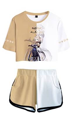 AMOMA Damen Mädchen Cosplay Spiel Genshin Impact Crop Top T-Shirt und Shorts Trainingsanzug Zweiteilige Sets Streetwear(XL,Albedo-Khaki) von AMOMA