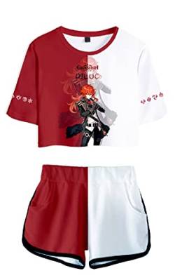 AMOMA Damen Mädchen Cosplay Spiel Genshin Impact Crop Top T-Shirt und Shorts Trainingsanzug Zweiteilige Sets Streetwear(XL,Diluc-Red) von AMOMA
