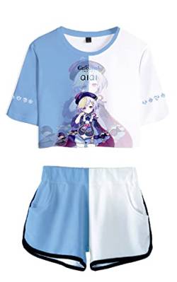 AMOMA Damen Mädchen Cosplay Spiel Genshin Impact Crop Top T-Shirt und Shorts Trainingsanzug Zweiteilige Sets Streetwear(XS,Qiqi-Lightblue) von AMOMA