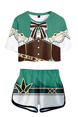 AMOMA Damen Mädchen Spiel Genshin Impact Cosplay Hutao Venti Crop Top T-Shirt und Shorts Zweiteiliger Trainingsanzug(M,10Venti) von AMOMA