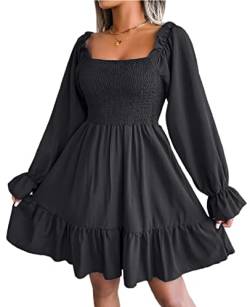 AMOMA Damen Quadratischer Hals Gesmoktes Gerafftes Mieder Rüschen Langarm Mini A-Linie Flackern Kleid(XL,8326-Black) von AMOMA