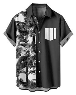 AMOMA Freizeit Kokosbaum Hawaiianisches Bowling Shirt für Herren Knopf Kurzarm Aloha Hemden(2XL,16HalfBlack) von AMOMA