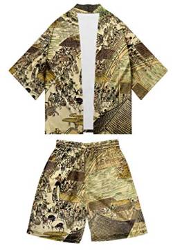 AMOMA Herren Jungen Japanese Kimono Strickjacke und Strandshorts Badehose Zweiteilige Sets(4XL,Color03) von AMOMA