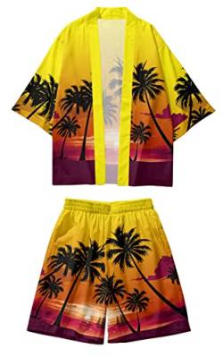 AMOMA Herren Kokosnuss Palmen Print Leichte Hawaii Kimono Strickjacke mit offener Vorderseite und Shorts 2-teiliges Set(4XL,SunsetYellow) von AMOMA