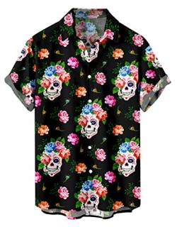 AMOMA Herren Lustiges Skelett Kurzarm Hemd Tag der Toten Schädel Knopfhemden(L,FloralColorSkulls) von AMOMA