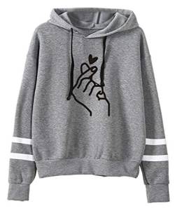 AMOMA Mädchen Damen Liebe Herz Finger Heart Digitaldruck Langarm Kapuzenpullover Niedlich Hoodie Sweatshirt Top(XXS,BWHeartGrey) von AMOMA