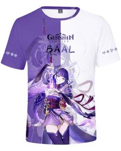 AMOMA Unisex Cosplay Game Genshin Impact 3D Diditaldruck T-Shirt Freizeit Kurzärmliges Rundhals Tees(L,BaalPurple) von AMOMA