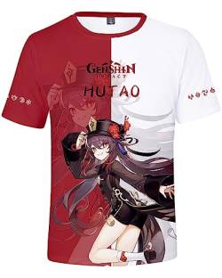 AMOMA Unisex Cosplay Game Genshin Impact 3D Diditaldruck T-Shirt Freizeit Kurzärmliges Rundhals Tees(M,HutaoRed) von AMOMA