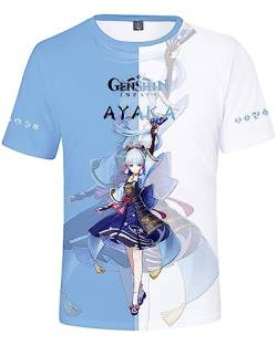 AMOMA Unisex Cosplay Game Genshin Impact 3D Diditaldruck T-Shirt Freizeit Kurzärmliges Rundhals Tees(XS,AyakaLightblue) von AMOMA