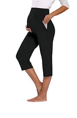 AMPOSH Damen Schwangerschafts-Caprihose Stretchy Lounge Hose Bequeme Schwangerschaft Shorts, 001 Schwarz mit Taschen, Groß von AMPOSH