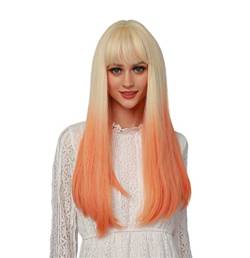 Perücke Tägliche Perücken Party Frauen Orange Gradient Perücken Glattes Haar Perücken Hitzebeständige Faserperücken Mit Air Bangs Perücke Damen von AMYSTY