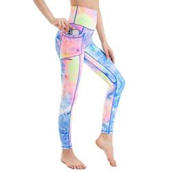 AMYTIS Damen Yogahose Sport Leggings Fitness Stretch Blickdicht Laufhose High Waist mit Handytasche Lang Tights für Laufen Radfahren, Regenbogen#1, L von AMYTIS LINGERIE