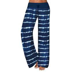 AMYTIS Damen Yogahose Stretch Freizeithose Bequeme Pyjamahose Schlafanzughose Lang Leichte Lounge Hose Hausanzug Hosen Relaxhose Fitness Sommer Weites Bein,Blueline,3XL von AMYTIS LINGERIE