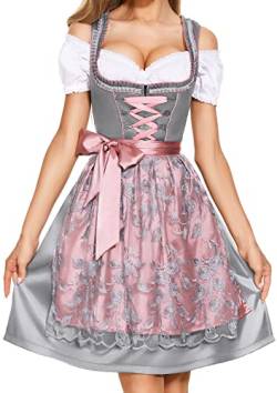 AMZHOTER Dirndl Damen midi Trachtenkleid Trachtenmode Trachtenrock Kleid inkl. Dirndlbluse Dirndlschürze 3 teilig für Oktoberfest Besondere Anlässe Grau 44 von AMZHOTER