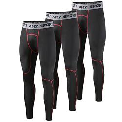 AMZSPORT Herren Kompressionshose Schnelltrocknende Laufhose Sporthose Atmungsaktive Trainingshose, Schwarz Rot (3er Pack) M von AMZSPORT