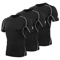 AMZSPORT Herren Kompressionsshirt 3er Pack Kurzarm Funktionsshirt Schnelltrocknend Fitness Top, Schwarz L von AMZSPORT