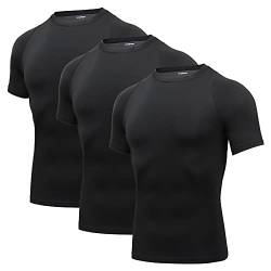 AMZSPORT Herren Kompressionsshirt Kurzarm Schnelltrocknendes Funktionsunterwäsche Laufshirt, 3er Pack, Schwarz, L von AMZSPORT